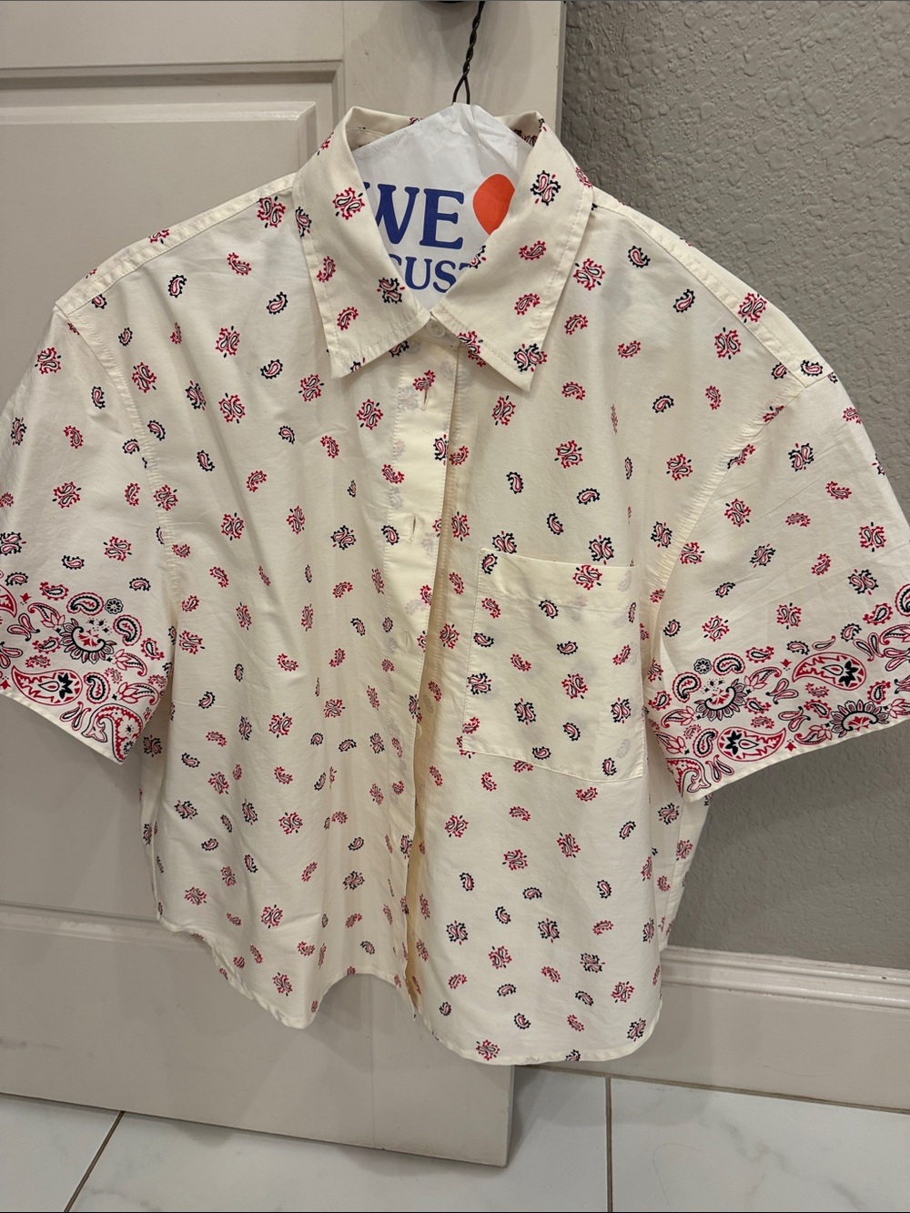 Madewell Cream Short-Sleeve Button-Down with Red & Black Bandana Print